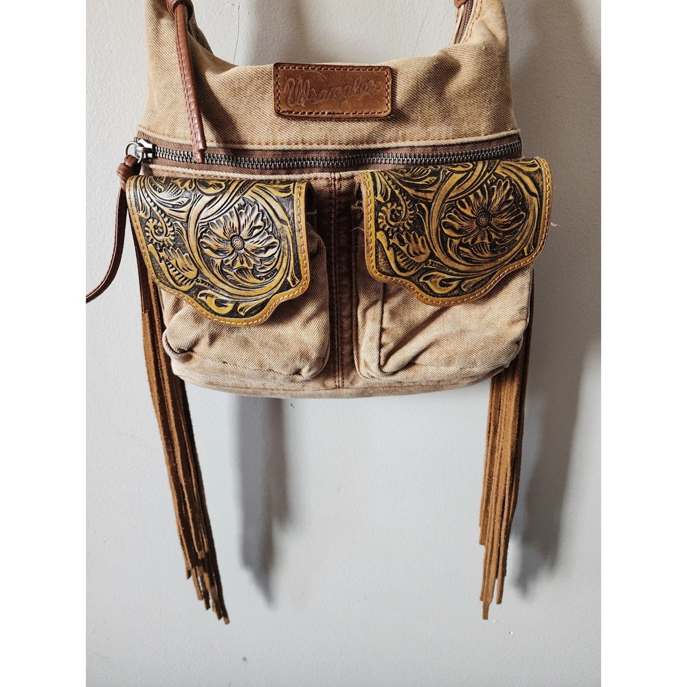 Wrangler Canvas Crossbody Bag Western Tooled Leather Floral Fringe Tan Hobo